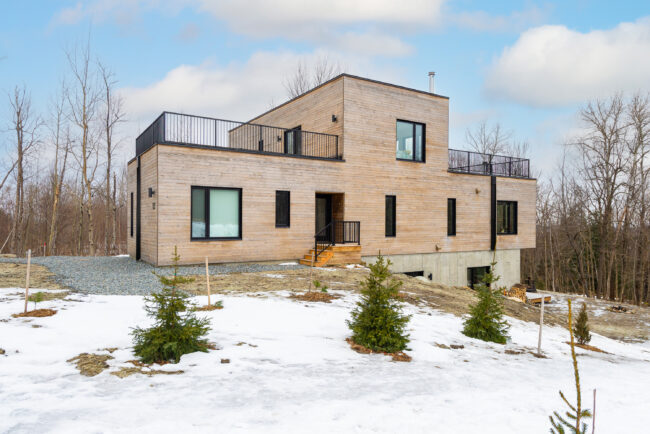 Façade d’une maison contemporaine en bois et béton, implantée en pleine nature, avec escaliers d’entrée, terrasses et jeunes conifères en premier plan.